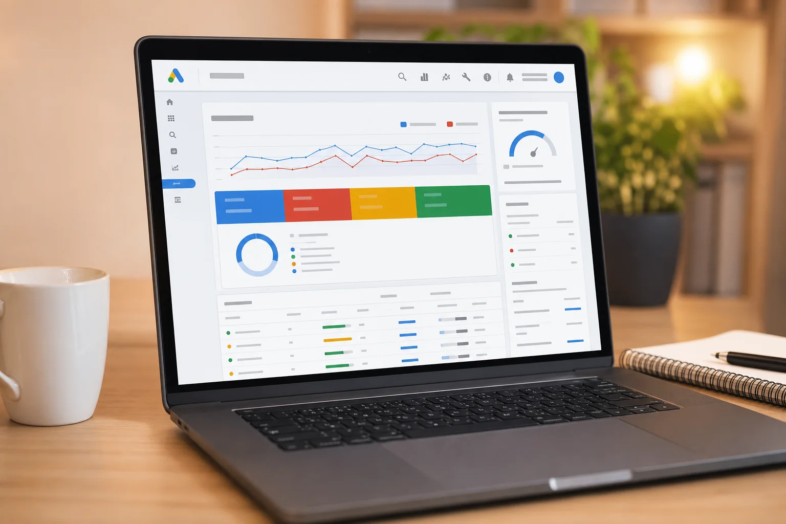Business owner reviewing Google Ads quality score and landing page performance data on a laptop in a modern office