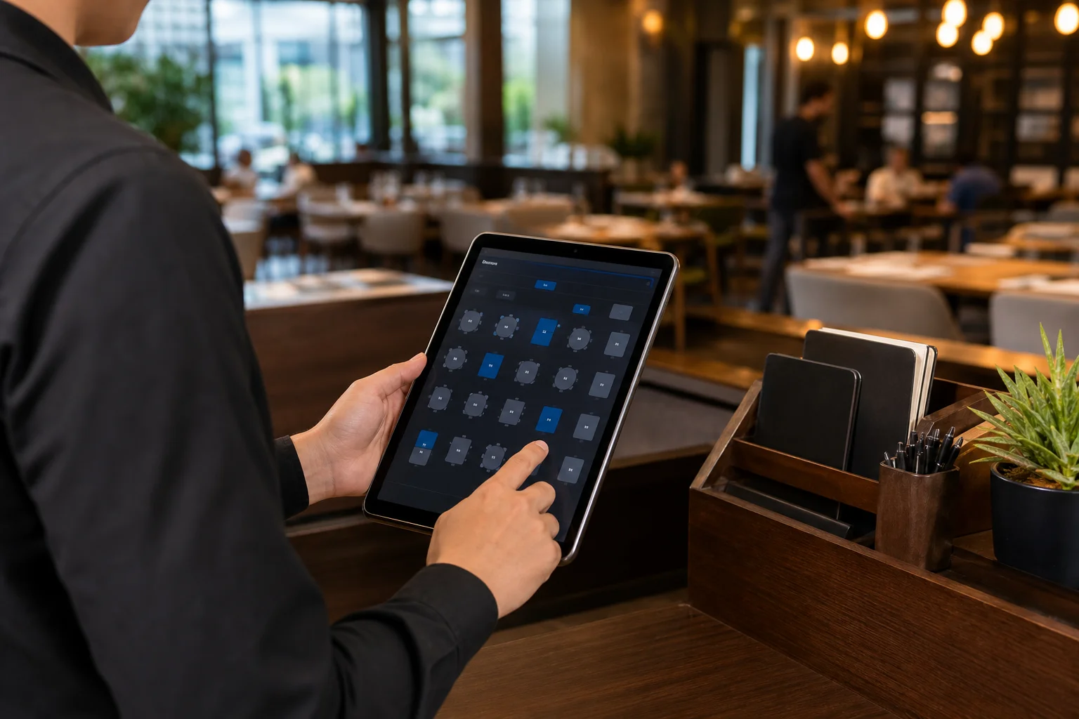 A restaurant host checks a tablet showing Google, Yelp, and OpenTable reservation dashboards