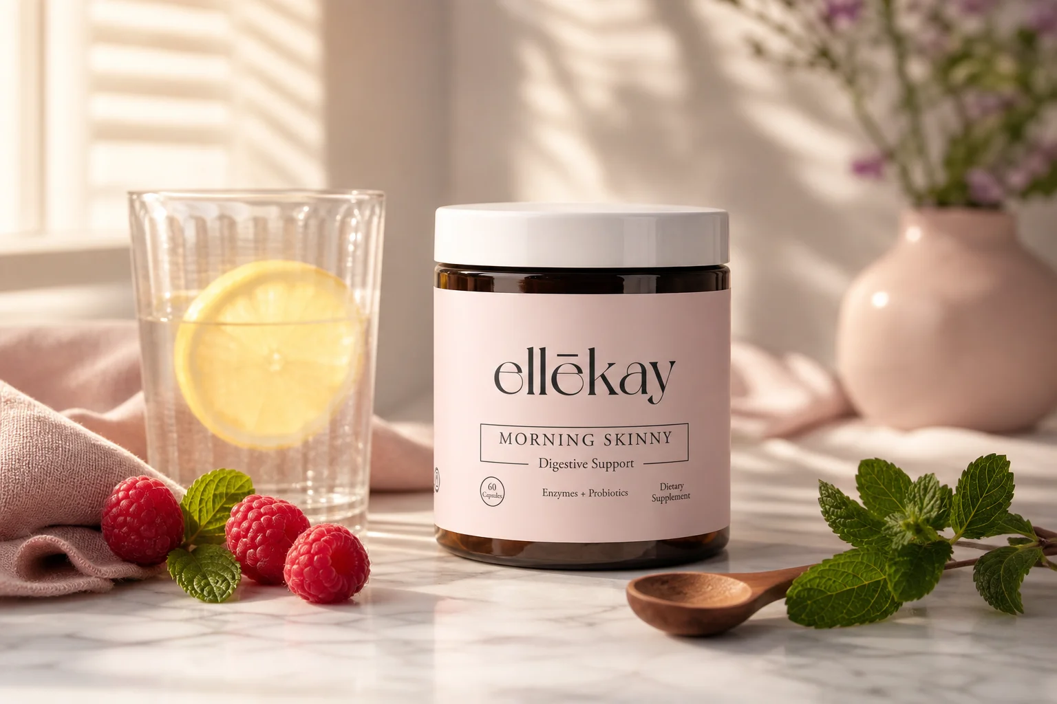 Morning Skinny supplement jar on a marble kitchen counter supporting gut health after antibiotics with lemon water and fresh fruit