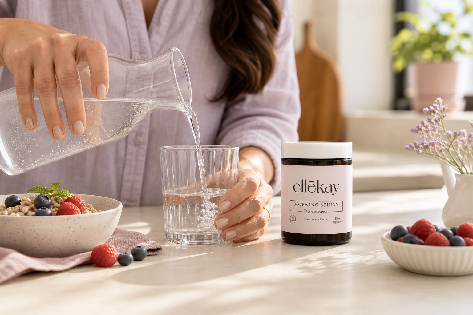 Woman's morning kitchen counter routine with Ellekay Morning Skinny supporting gut health and heart health