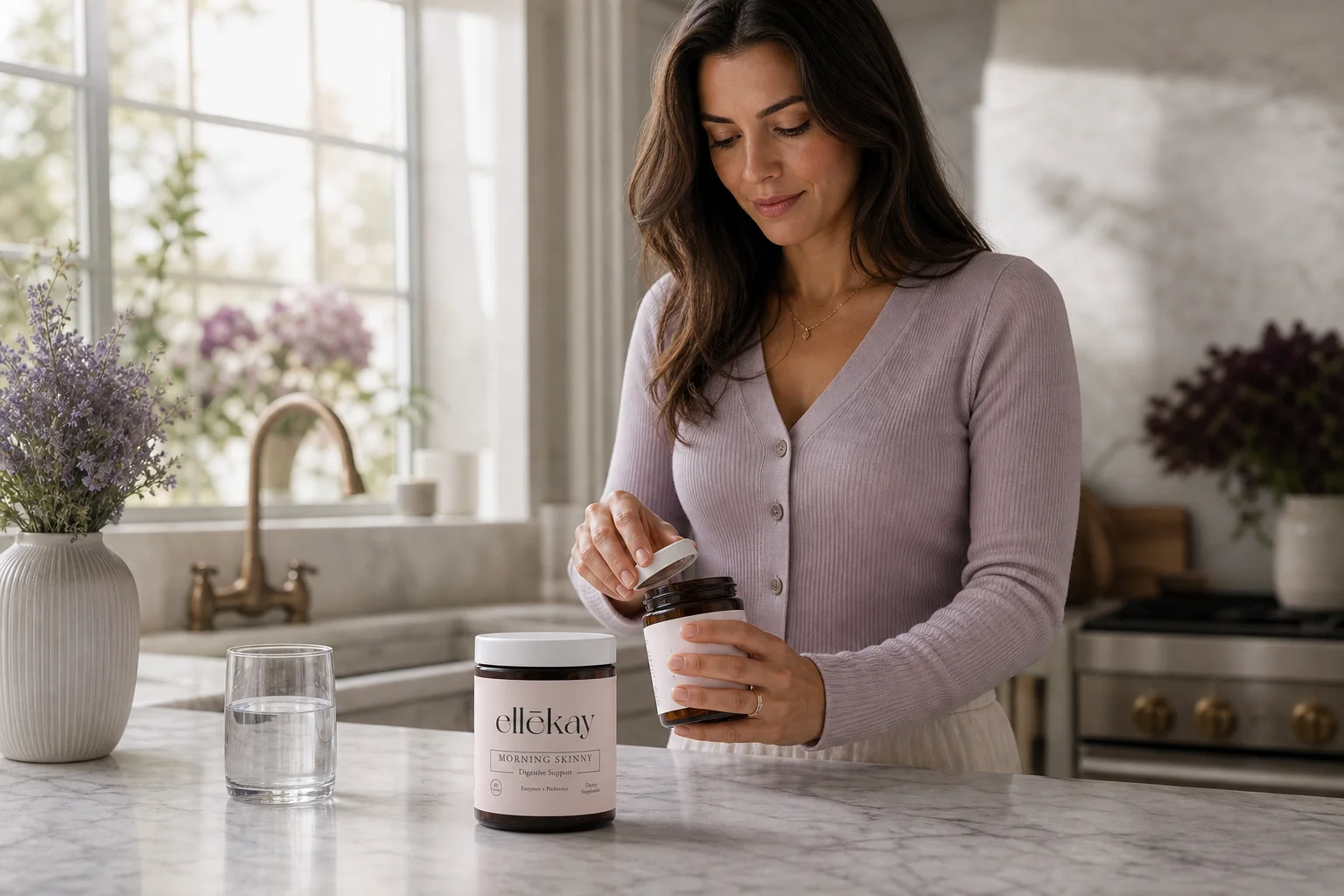 Woman preparing her morning routine with Ellekay Morning Skinny, supporting gut health and thyroid function