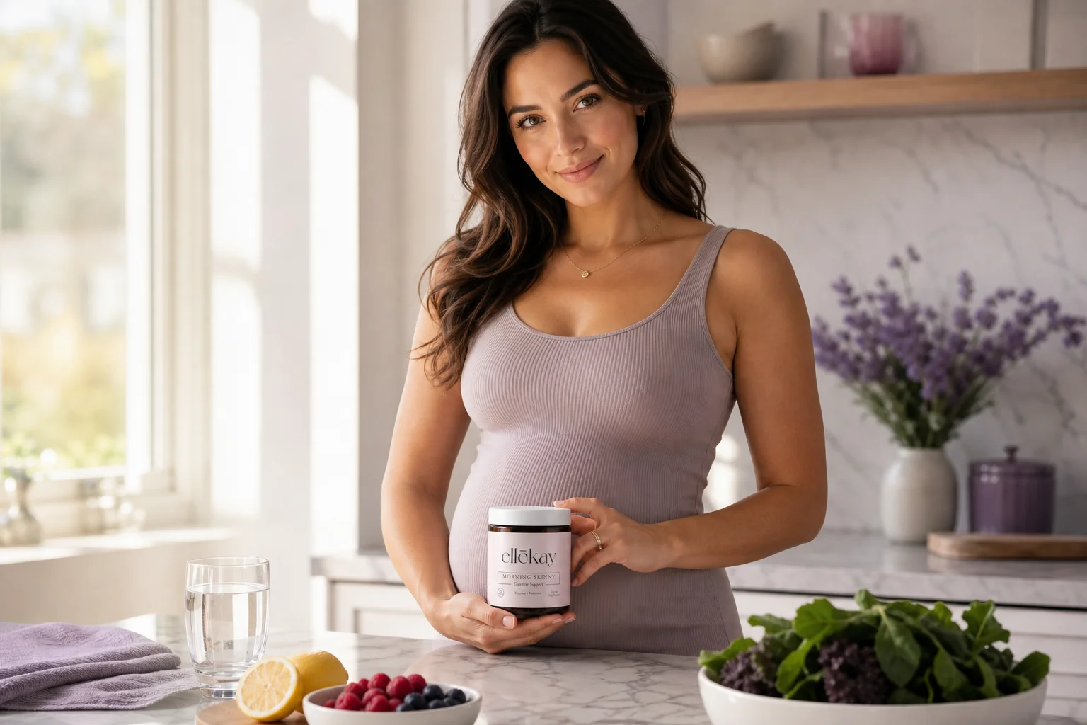 Pregnant woman supporting gut health during pregnancy with Ellekay Morning Skinny supplement on a bright morning kitchen counter