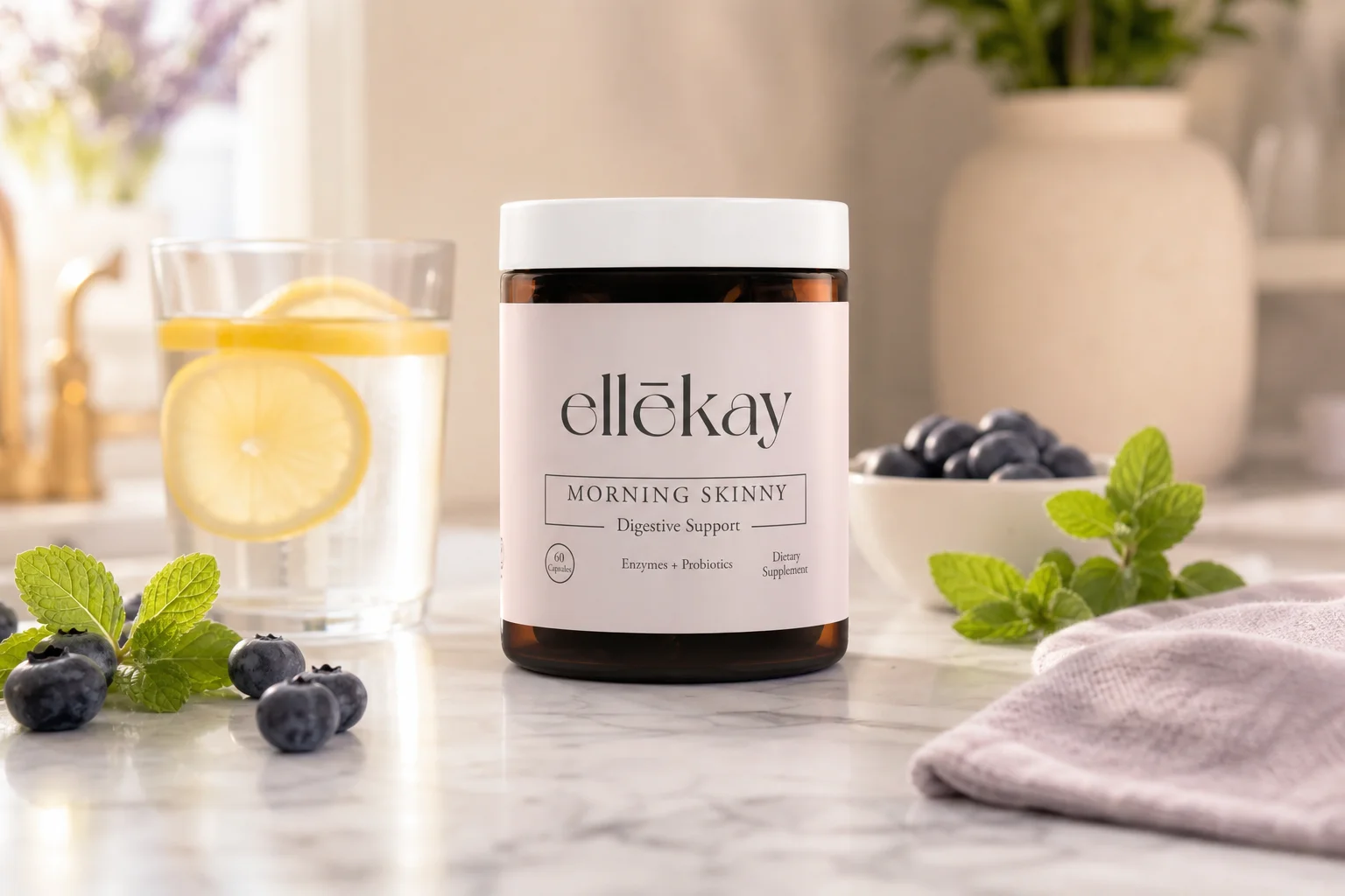 Morning Skinny supplement on a kitchen counter with fresh wellness ingredients, representing core gut health glossary concepts