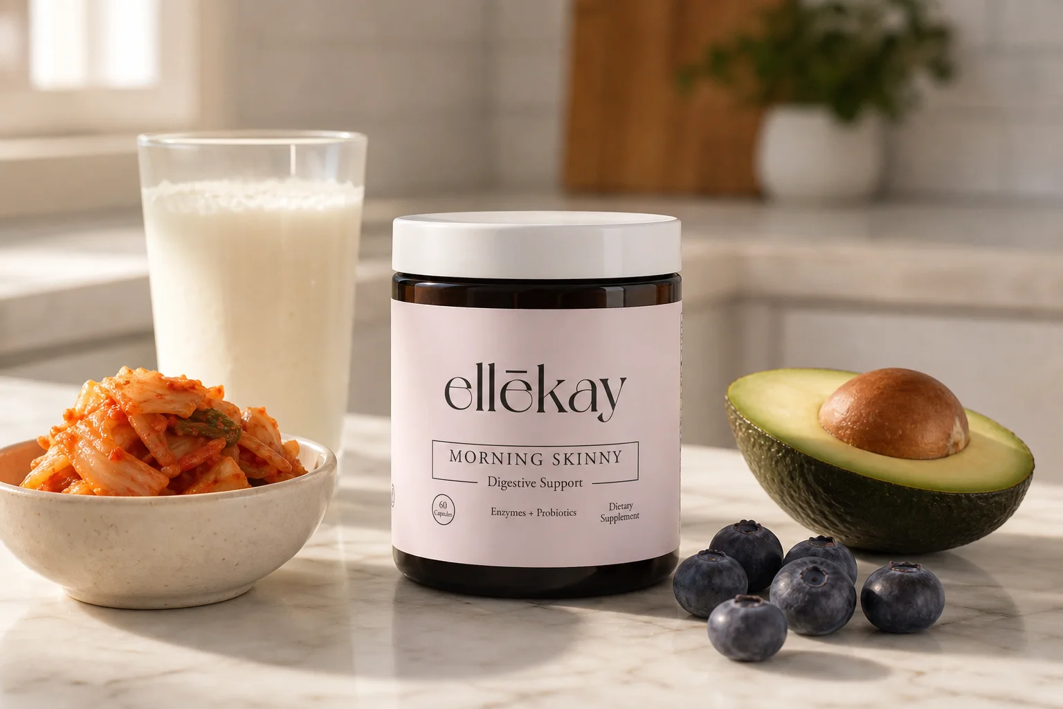 Gut health myths debunked with Morning Skinny supplement, fermented foods, and fiber-rich ingredients on a morning kitchen counter