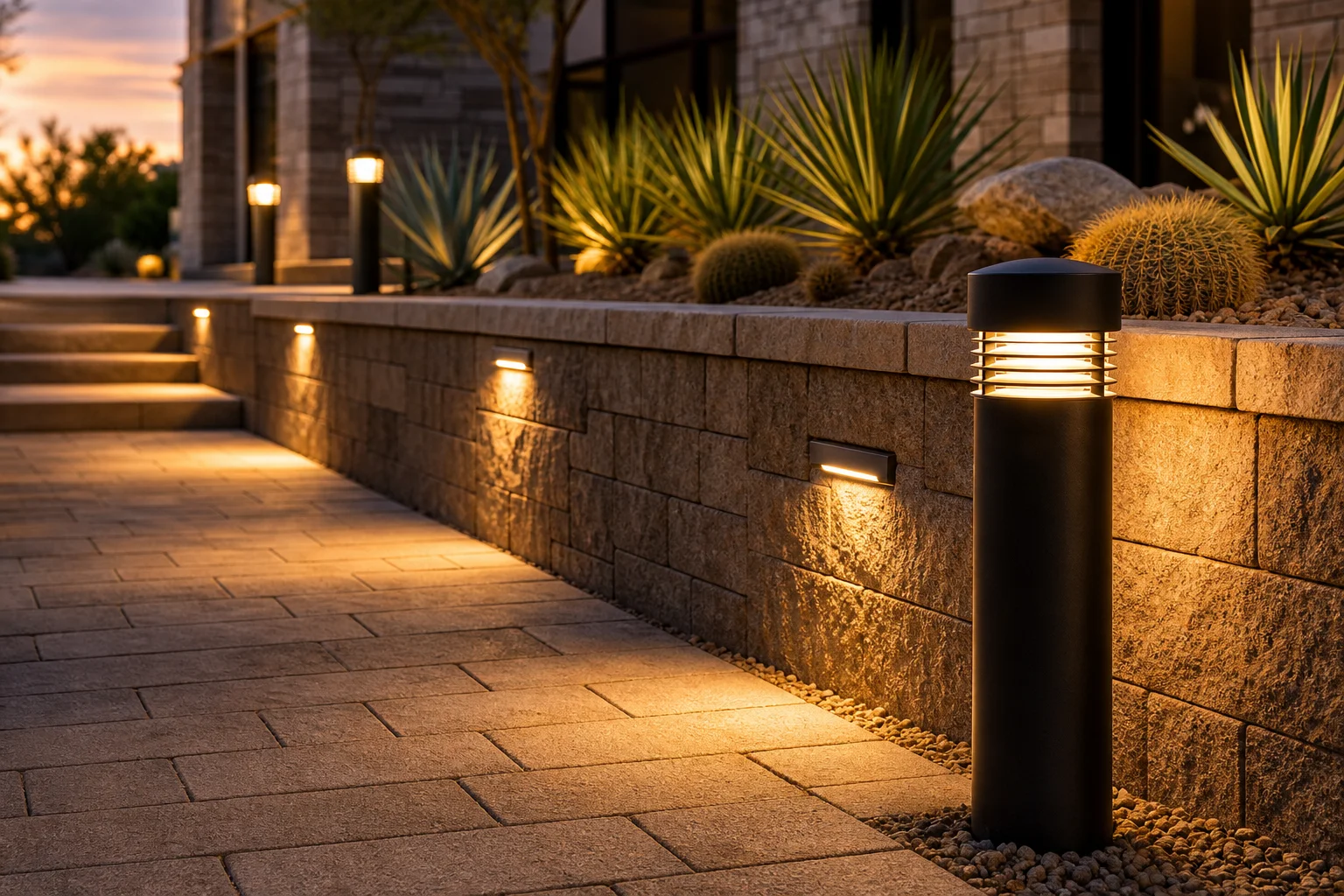 Step lights and bollard fixtures illuminating a stone walkway and retaining wall at dusk