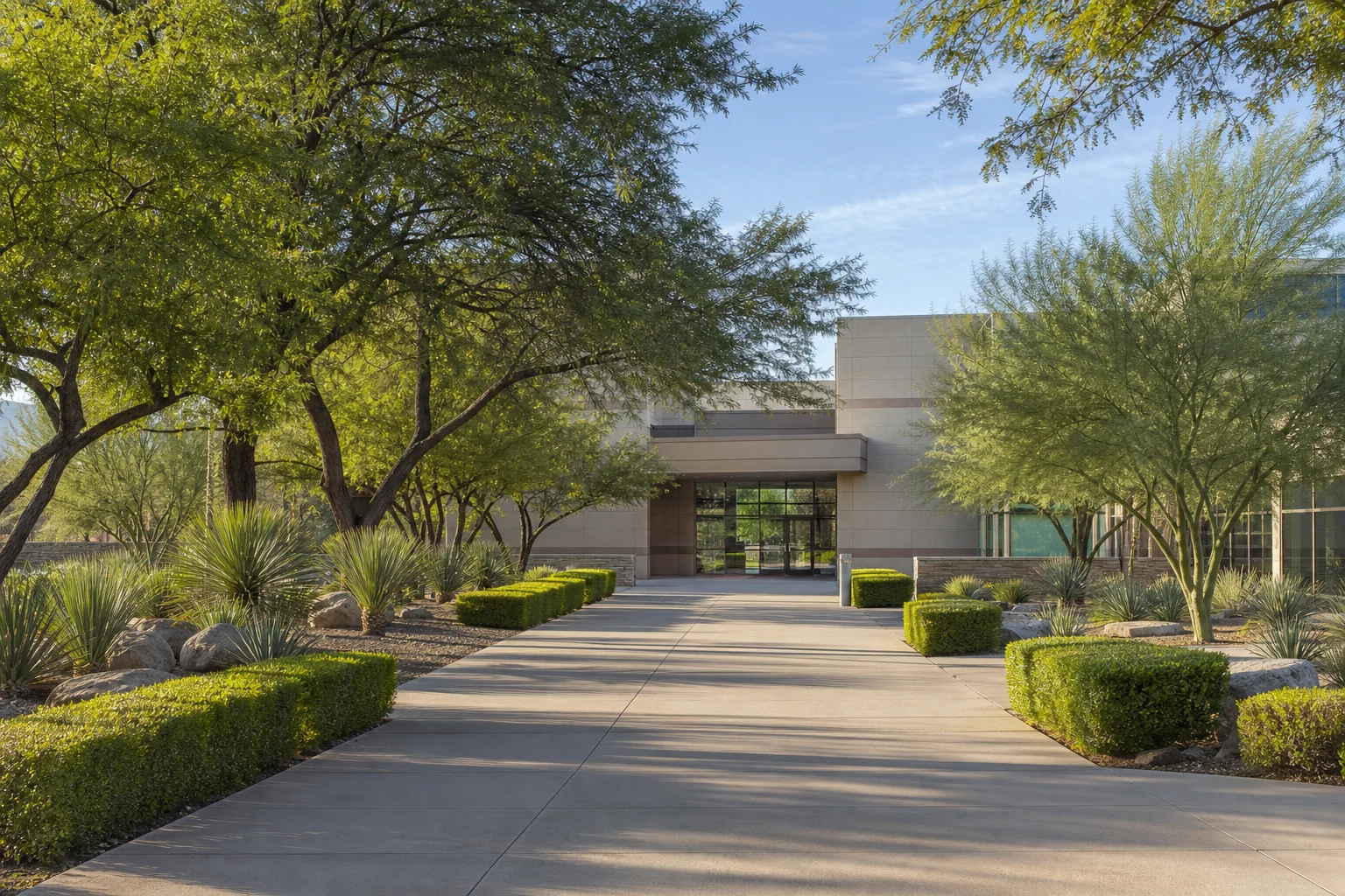 Paver walkway with manicured landscaping leading to medical facility entrance
