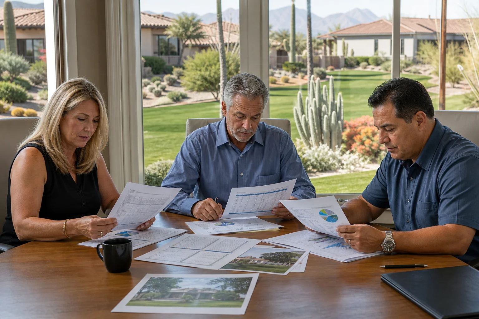 HOA board members reviewing a landscape budget and reserve study with Arizona community landscaping visible through office windows