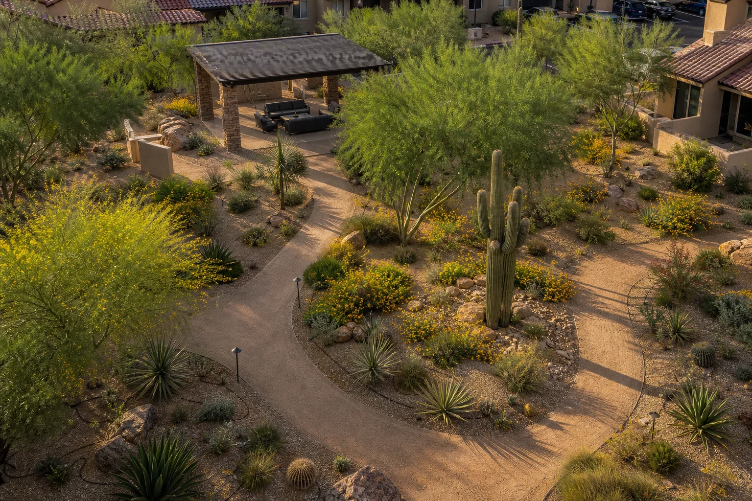Sustainable Arizona HOA landscape with native desert plants, drip irrigation, and permeable hardscape design