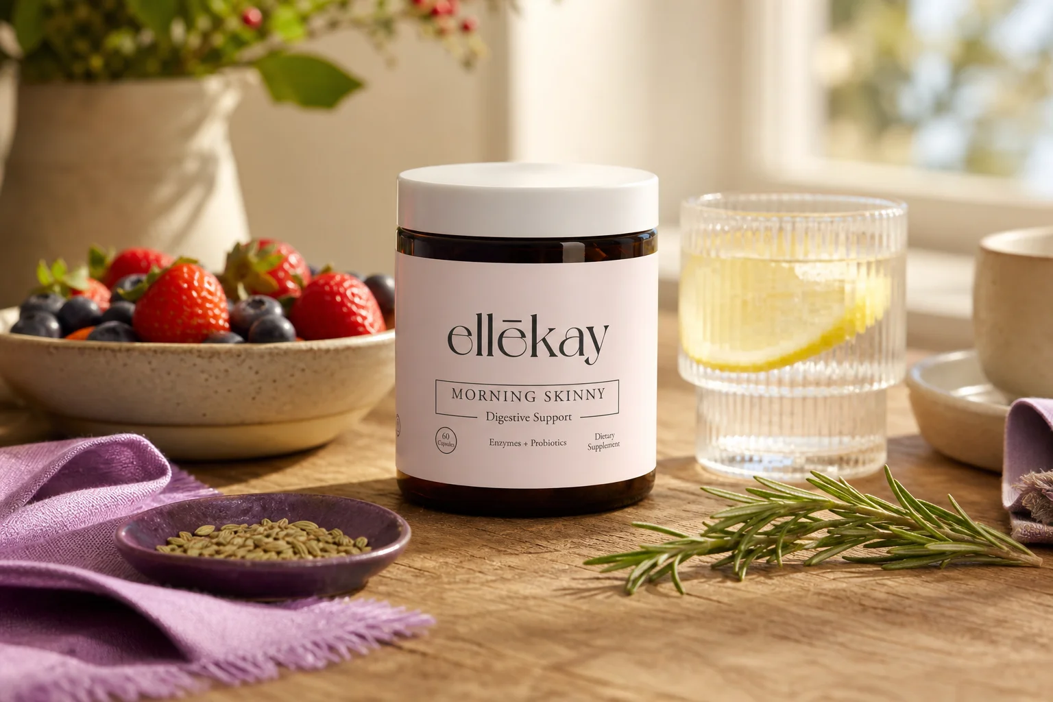 Ellekay Morning Skinny bottle on a festive holiday breakfast table supporting holiday eating and digestion