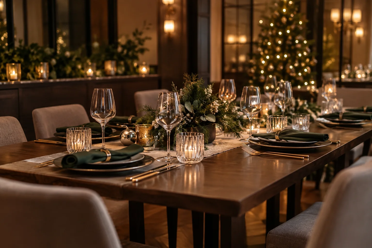 A private dining room set for a corporate holiday party with a decorated table and string lights