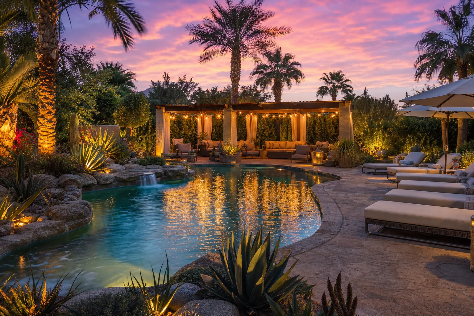 Resort pool deck with lush landscape design, shaded cabanas, and desert-adapted plantings under warm evening light