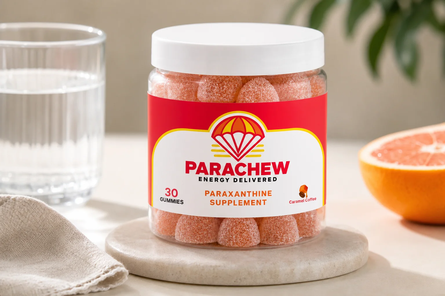 Parachew paraxanthine gummies on a performance desk setup illustrating how long to taper off caffeine with paraxanthine