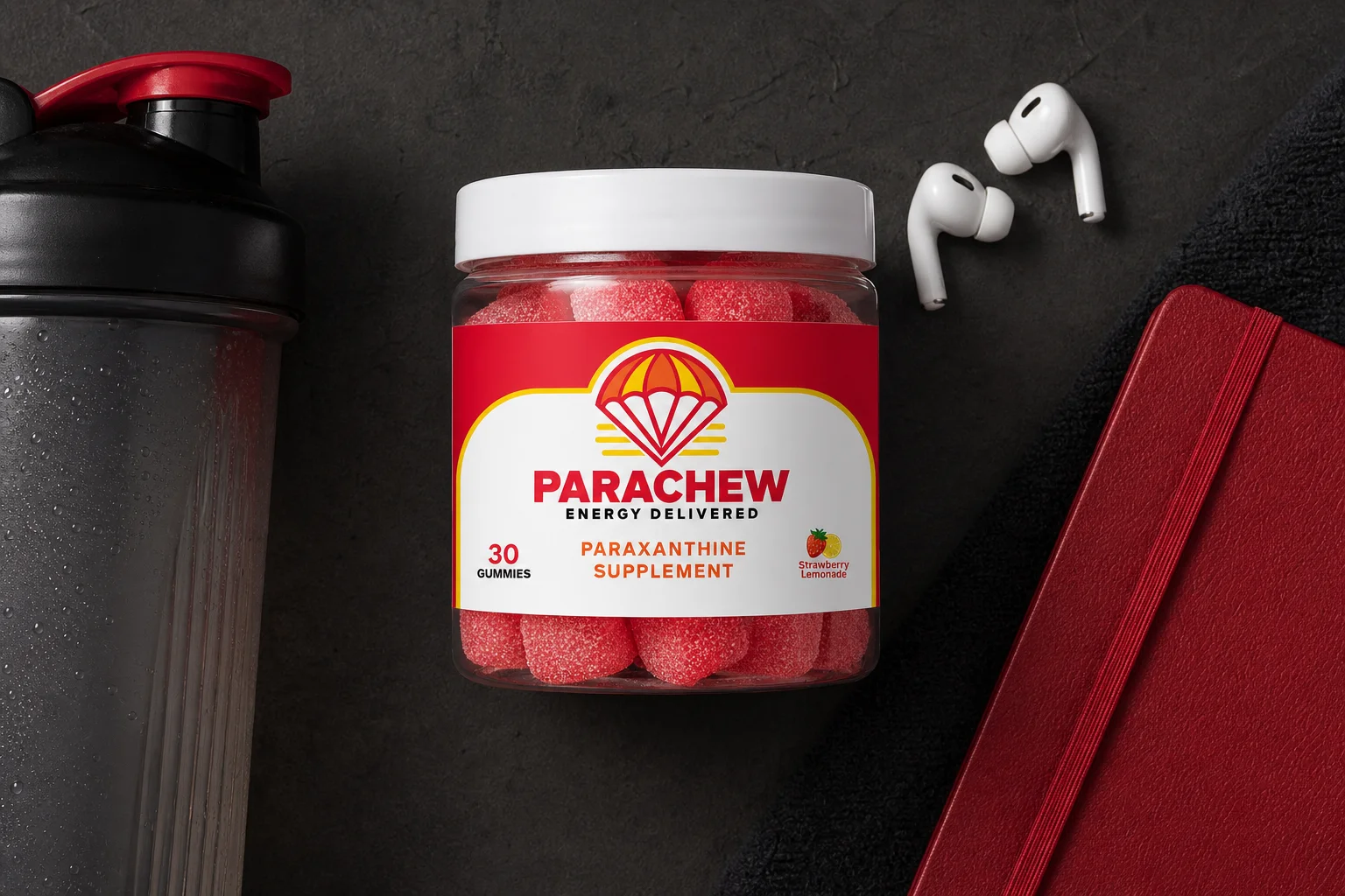 Parachew paraxanthine energy gummies in a performance flat-lay setup, representing how paraxanthine works in the body for clean energy