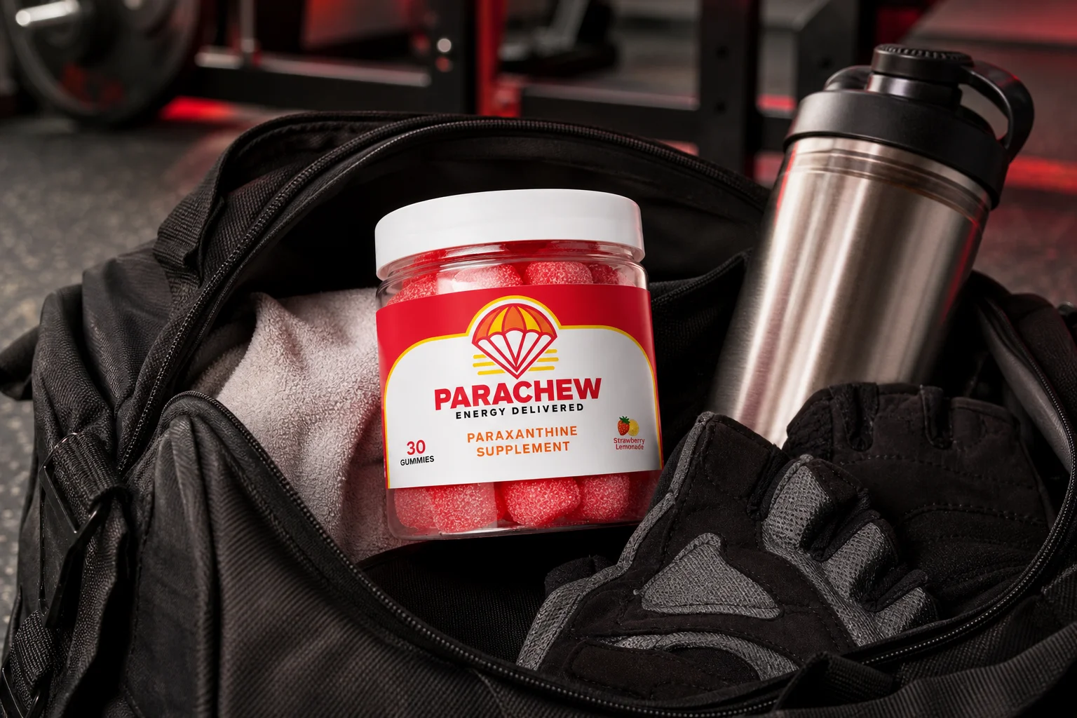 Parachew paraxanthine energy gummies displayed beside athletic gear inside a gym bag, illustrating how paraxanthine works in the body for peak performance