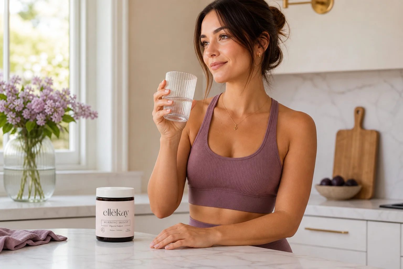 Woman at a morning kitchen counter with Morning Skinny supplement bottle showing how stress affects digestion and daily gut health support