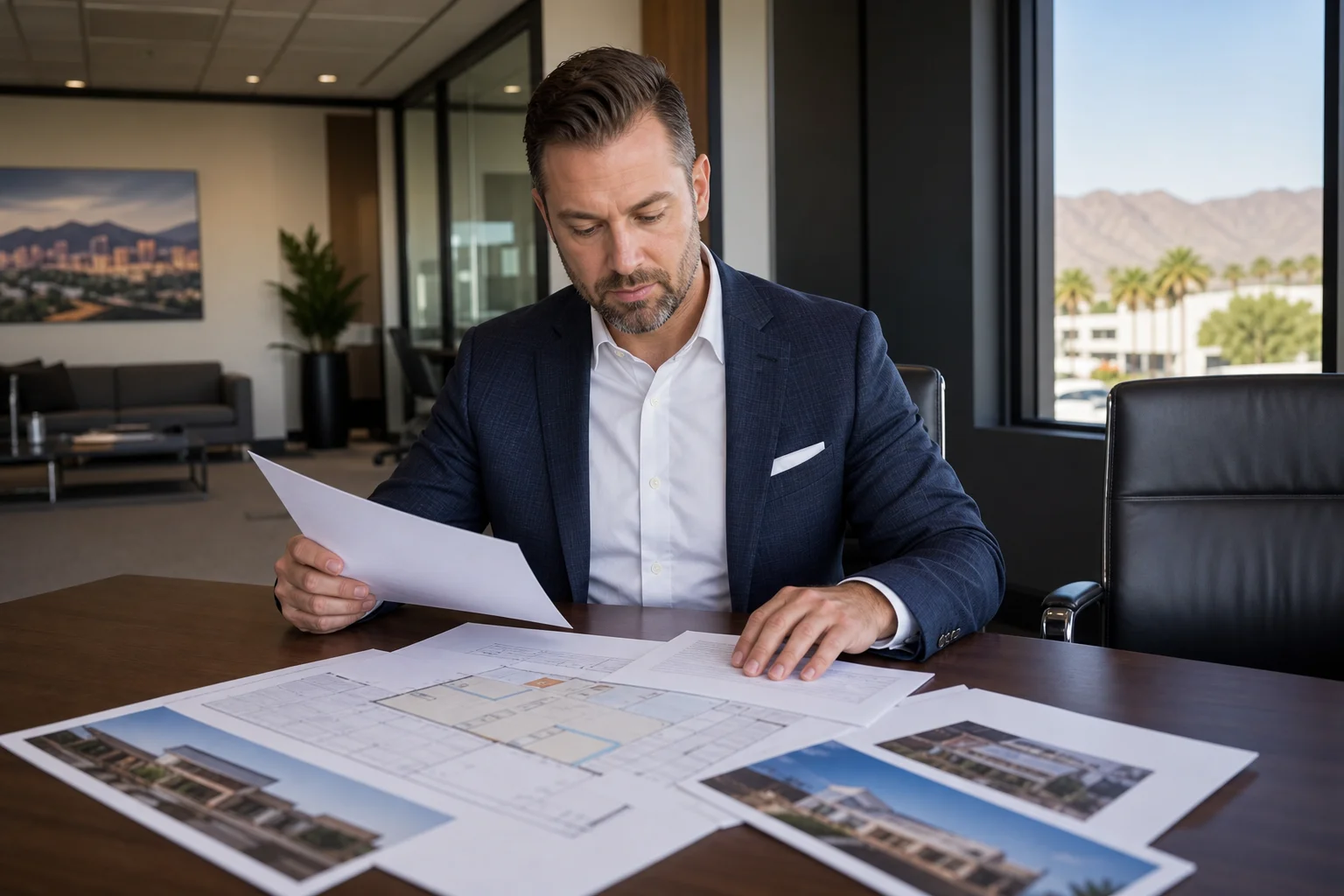 Retail commercial real estate center in suburban Phoenix with storefronts and parking