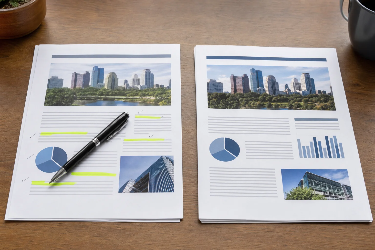 Two SEO proposal documents being compared side by side with checkmarks and highlighter notes