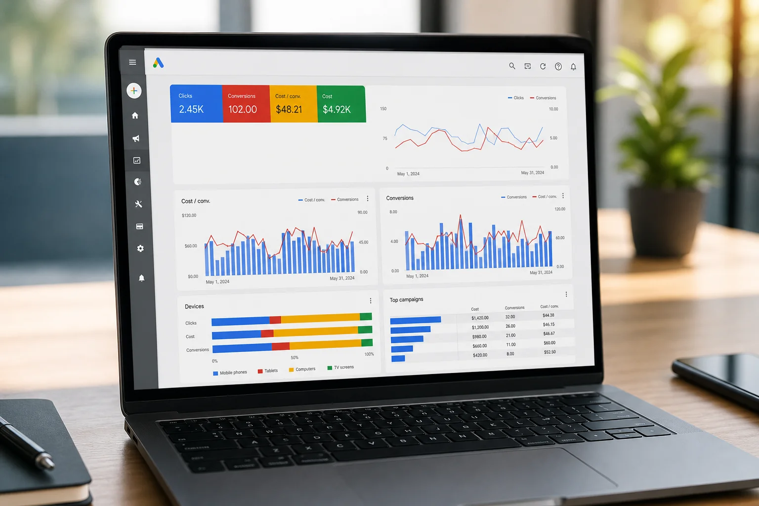 A Phoenix HVAC contractor reviewing digital marketing campaign performance on a laptop showing Google Ads cost per lead data