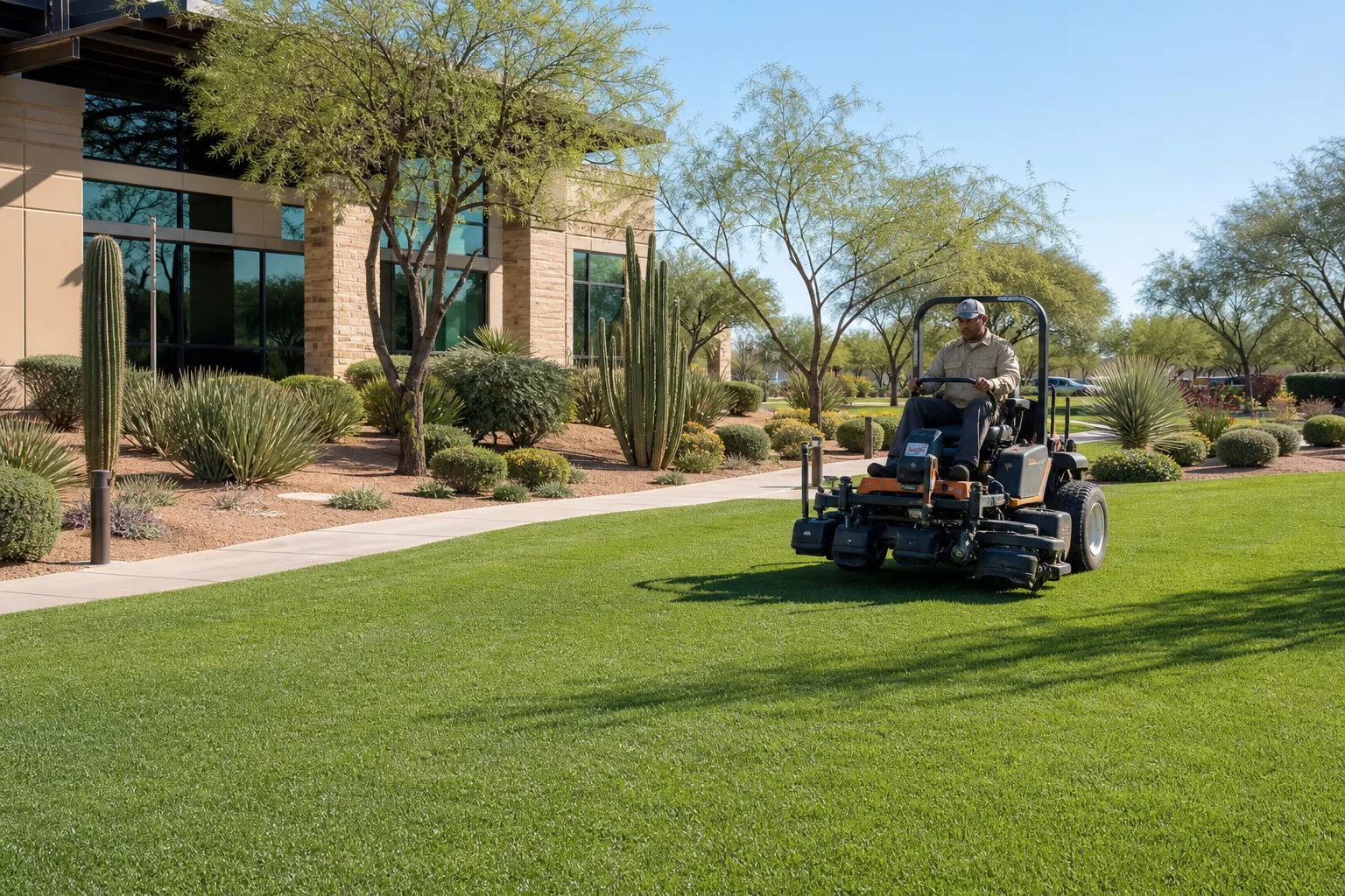 Professional commercial grounds maintenance crew maintaining native plants and turf at an Arizona commercial property