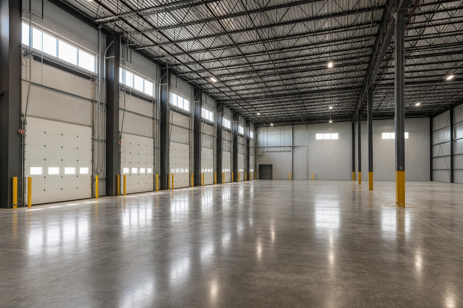 Interior of an East Valley industrial warehouse with loading dock doors and open clear span ceiling