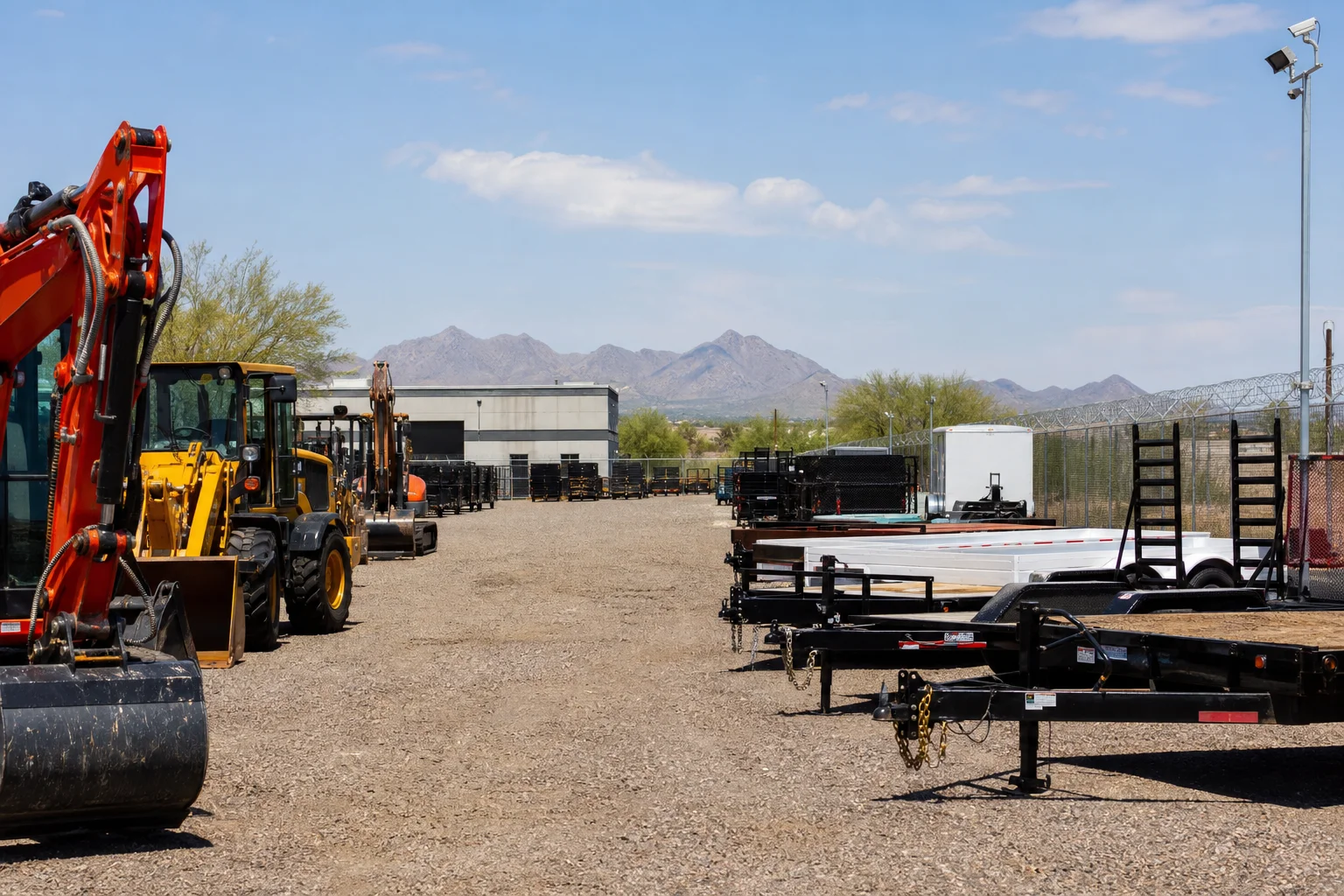 Secured industrial outdoor storage site with commercial equipment rows and perimeter fencing in the Phoenix metro area