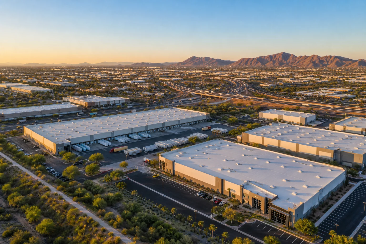 Phoenix metro industrial park with warehouse and flex space available for lease, aerial view