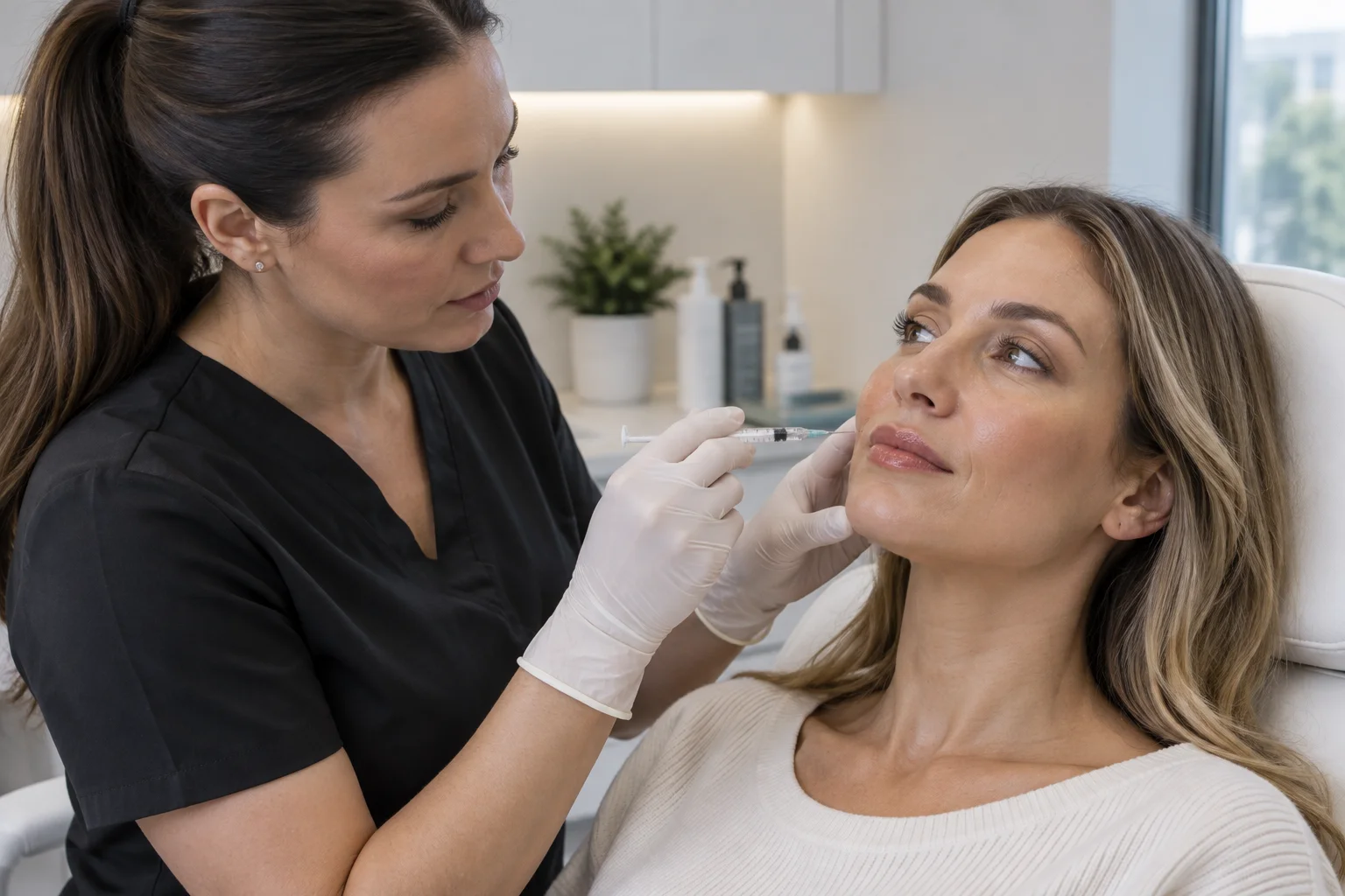 A medical aesthetics provider consulting with a client about Botox and dermal filler treatment options