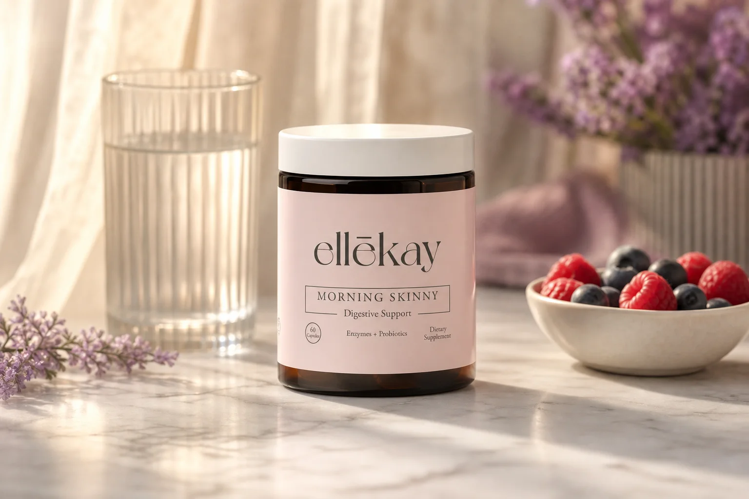 Intermittent fasting and gut health morning routine featuring Ellekay Morning Skinny supplement on a bright kitchen counter