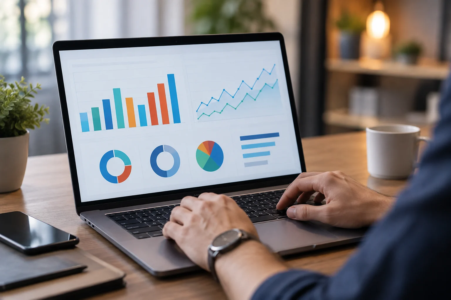 Person checking website analytics dashboard on a laptop showing traffic source breakdown charts
