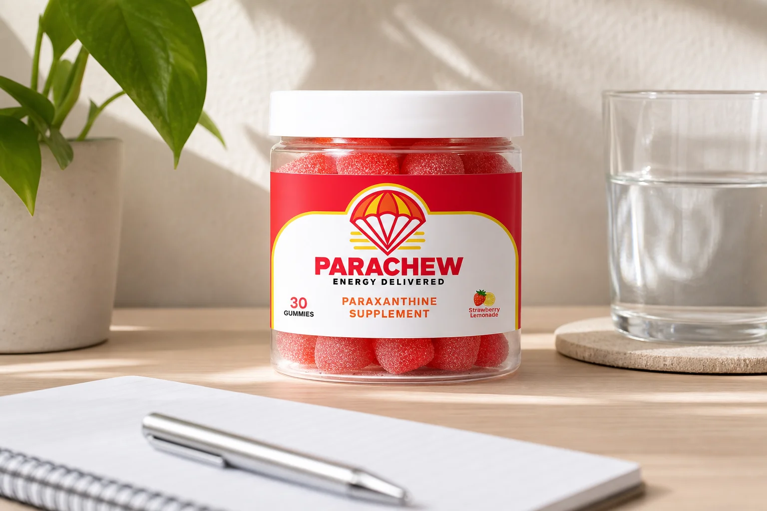 Parachew paraxanthine energy gummies beside gym bag showing clean pre-workout alternative to caffeine-based energy drinks