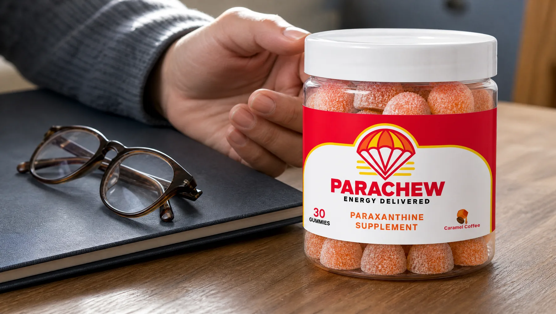 Close view of a Parachew Caramel Coffee paraxanthine gummies jar, a close overhead crop of the desk