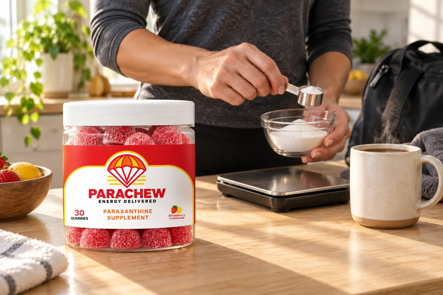Hands comparing loose paraxanthine powder against a Parachew jar on a kitchen counter to weigh if powder is worth buying
