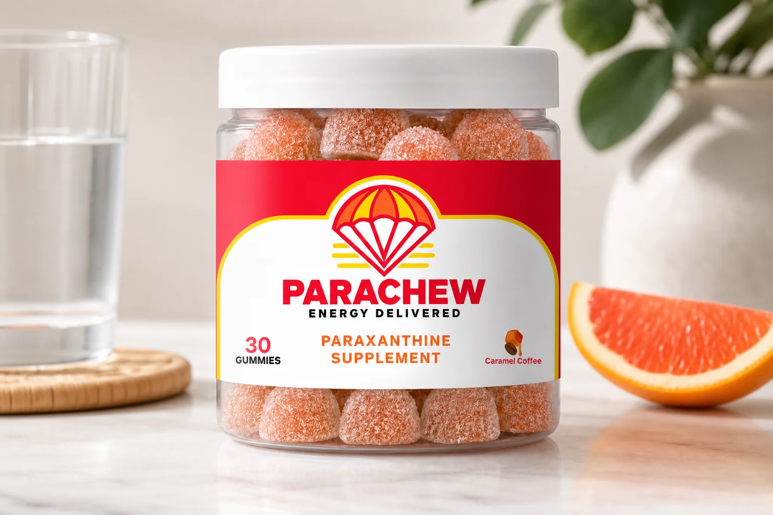 Parachew paraxanthine gummies on a morning desk setup illustrating a safe transition from caffeine to clean energy