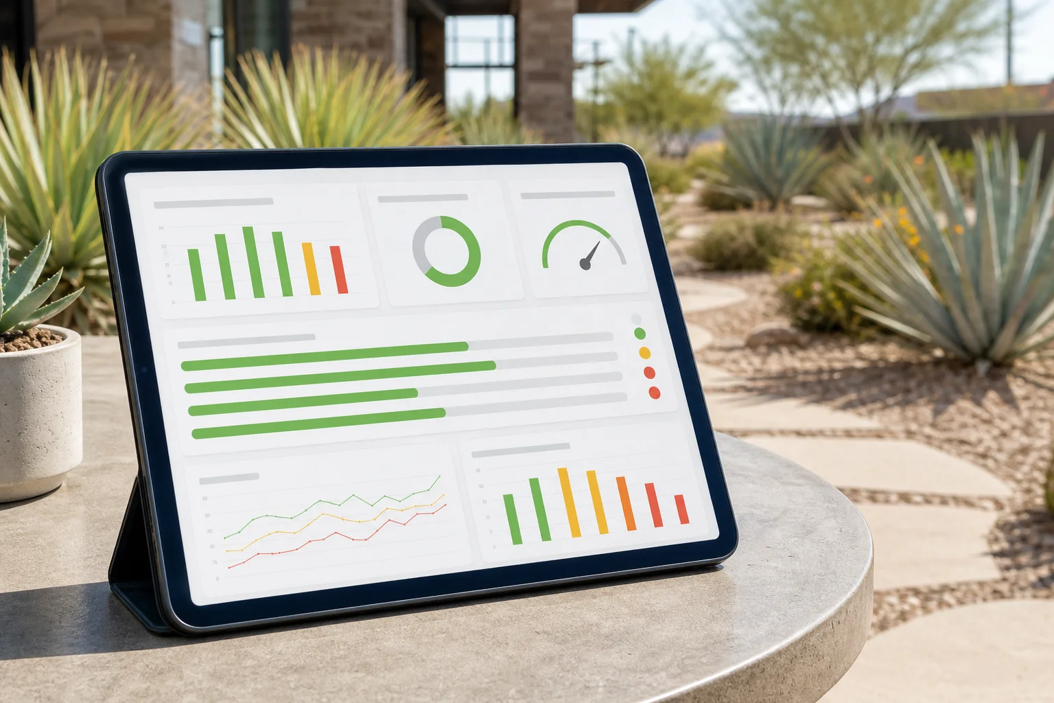 A property manager reviewing a landscape vendor KPI dashboard on a tablet at an Arizona commercial property