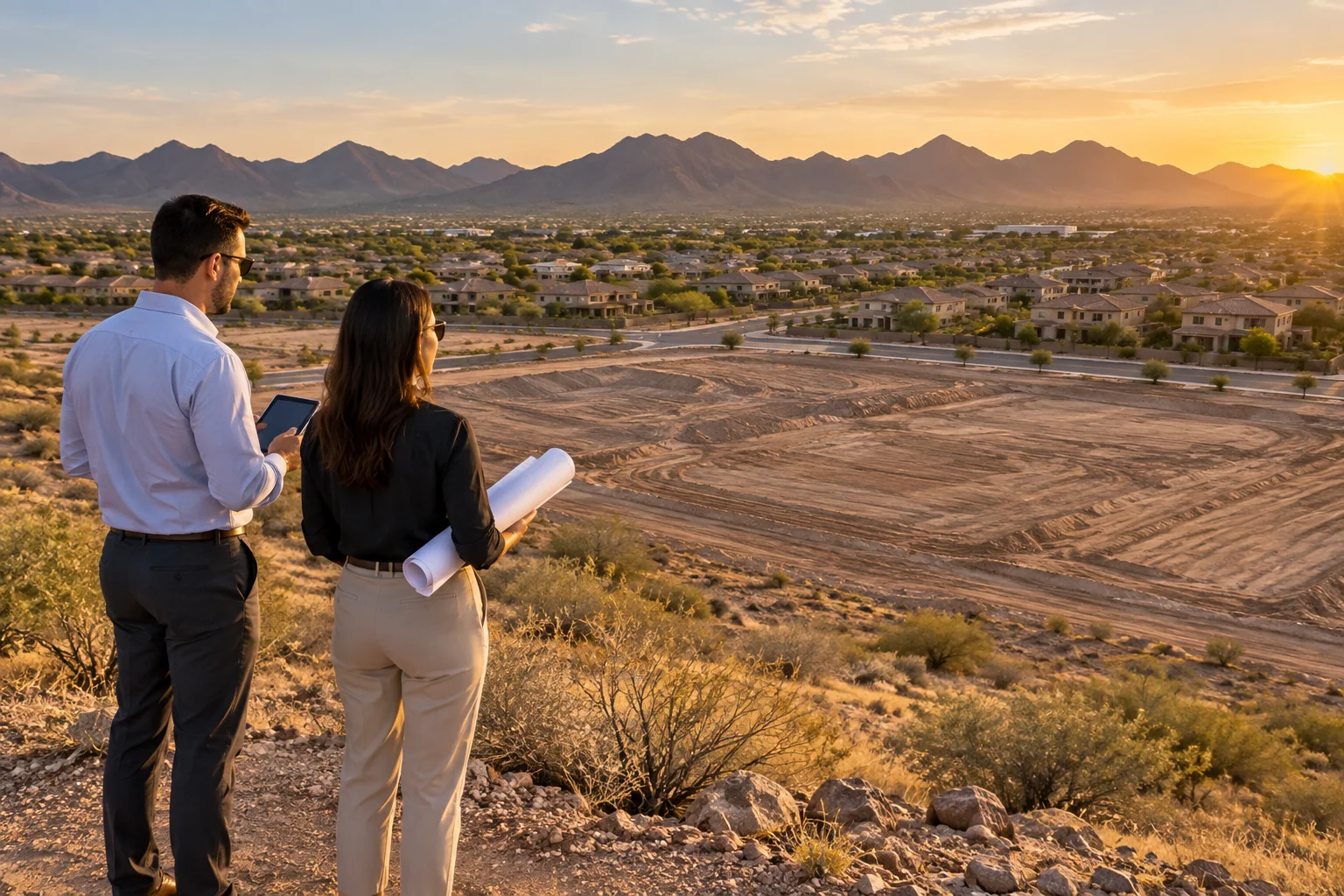Land broker, civil engineer, and entitlement consultant team reviewing site plans on a raw Phoenix metro land parcel