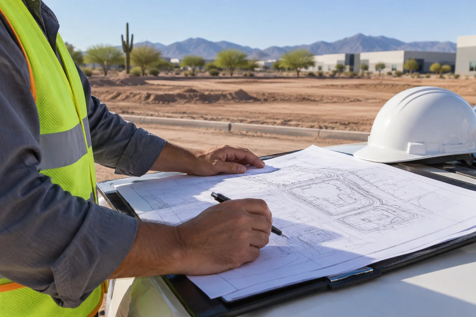 Civil engineer reviewing grading and utility plans for a Phoenix commercial land parcel