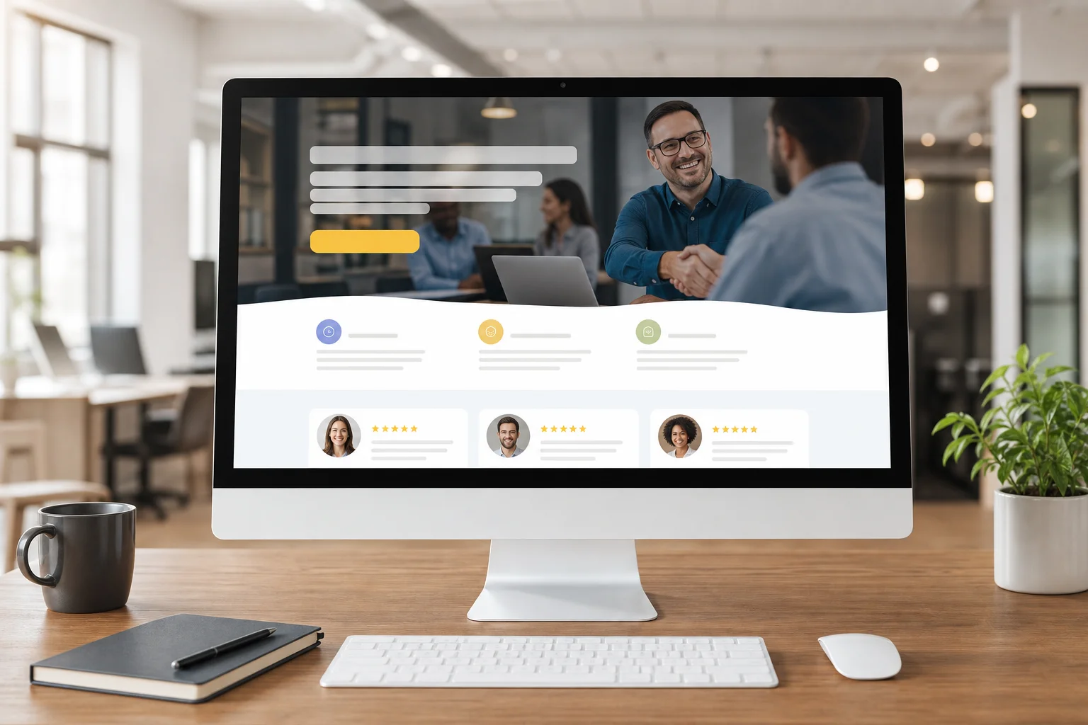 A clean service business landing page layout showing a headline, social proof section, and a prominent call to action button above the fold