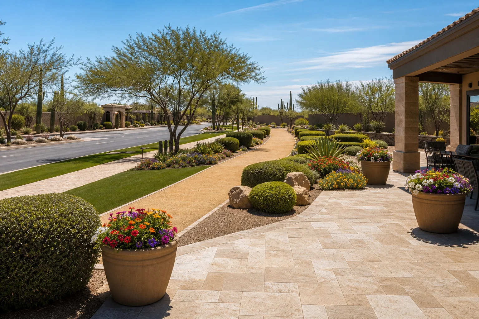Professionally maintained common area in an Arizona gated community featuring trimmed desert shrubs, clean decomposed granite paths, and a manicured entry plaza