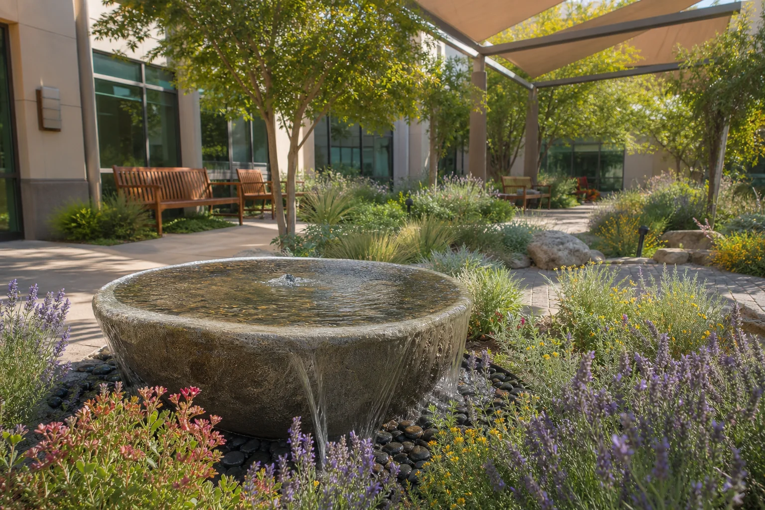 Therapeutic healing garden at a medical facility with accessible pathways, native plantings, and a recirculating fountain