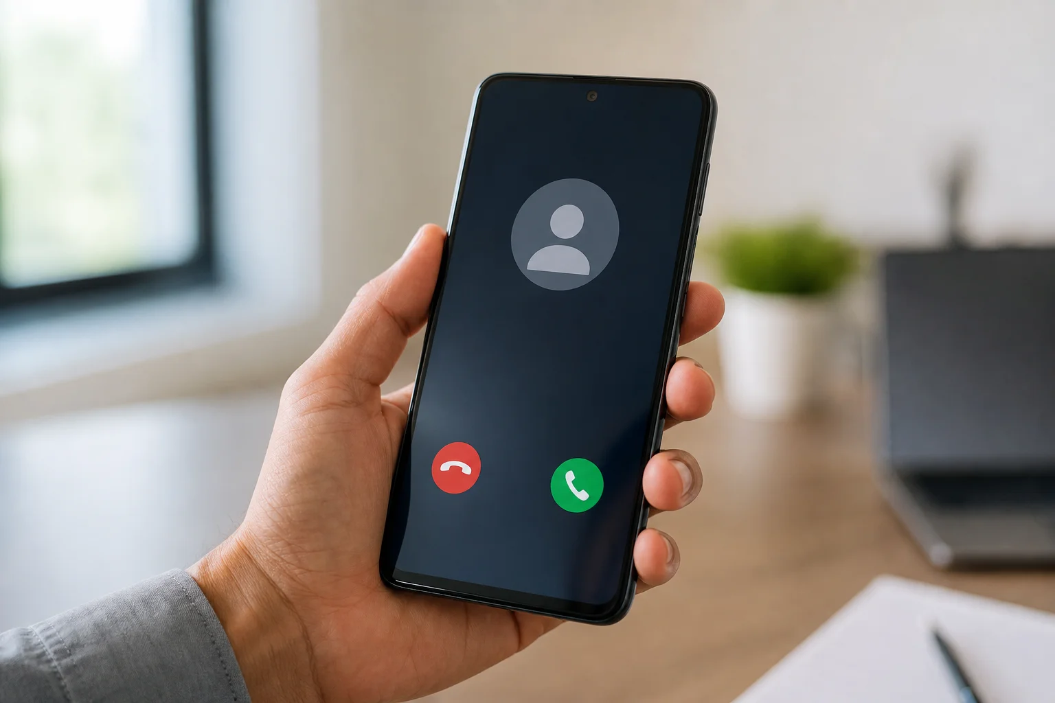 Close up of an Android phone call screen representing how Google Business Profile data feeds caller ID