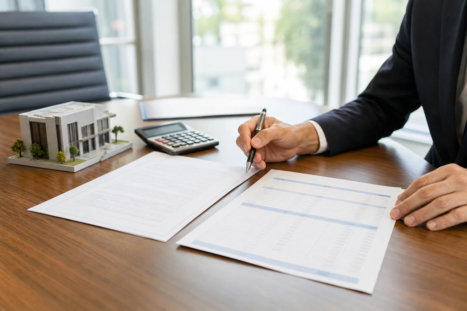 Commercial building exterior with a Phoenix business owner reviewing lease and purchase documents