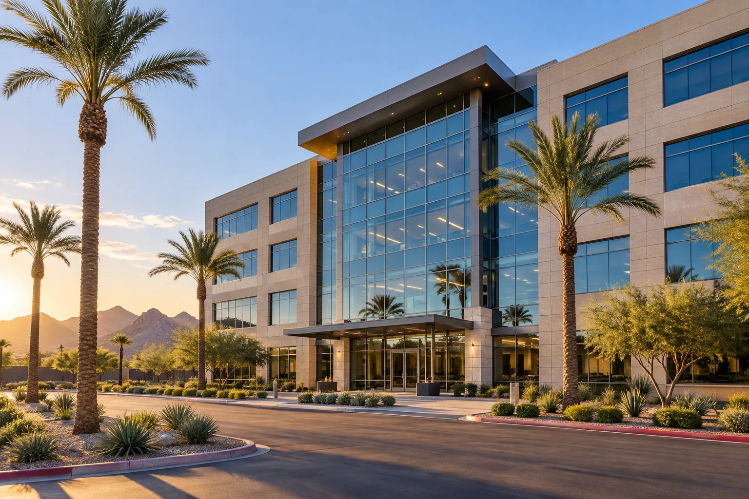 Modern Phoenix metro office building exterior representing what a lender tests on a Phoenix office deal