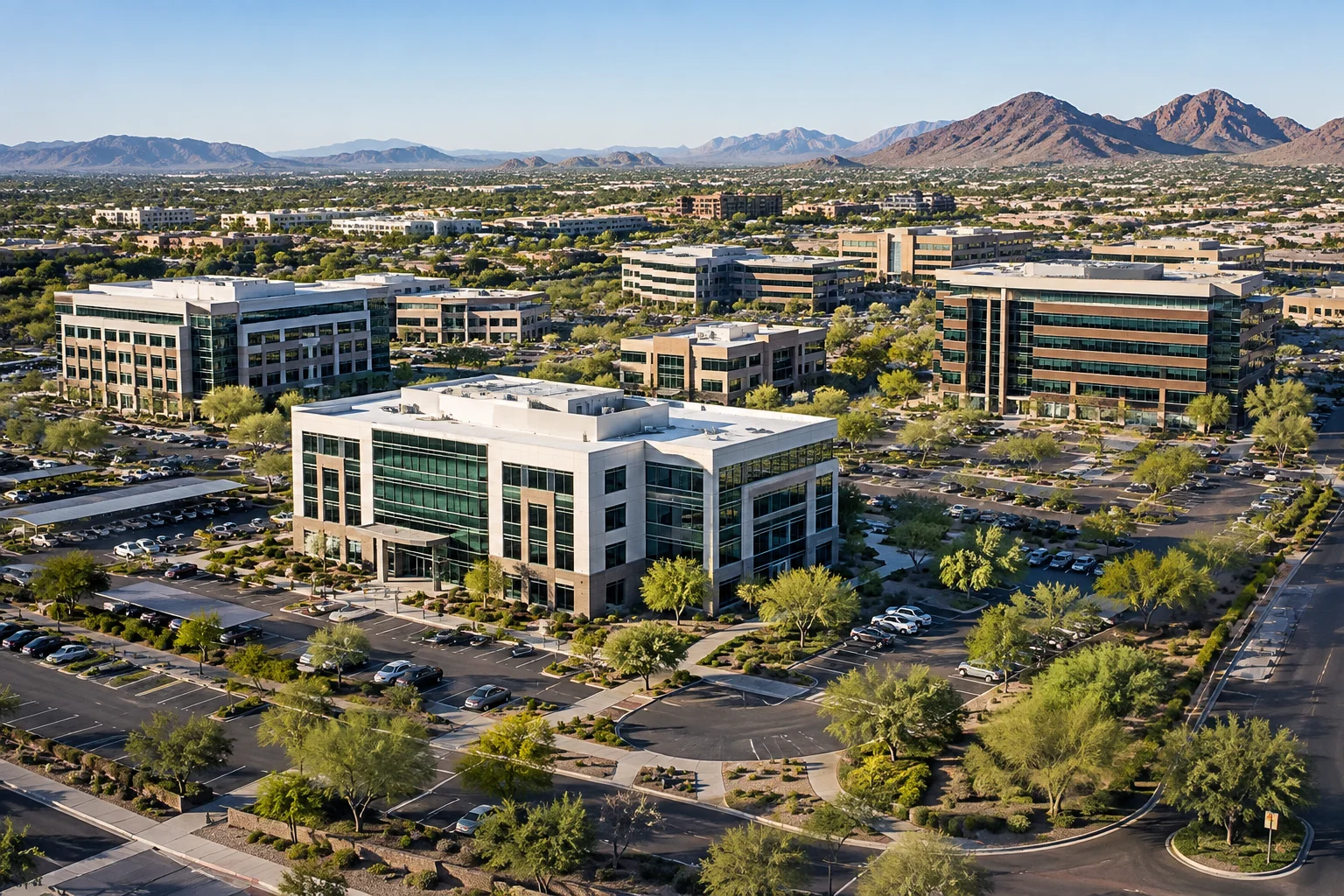 Aerial view of a Phoenix metro office park with mid-rise buildings and surrounding parking lots