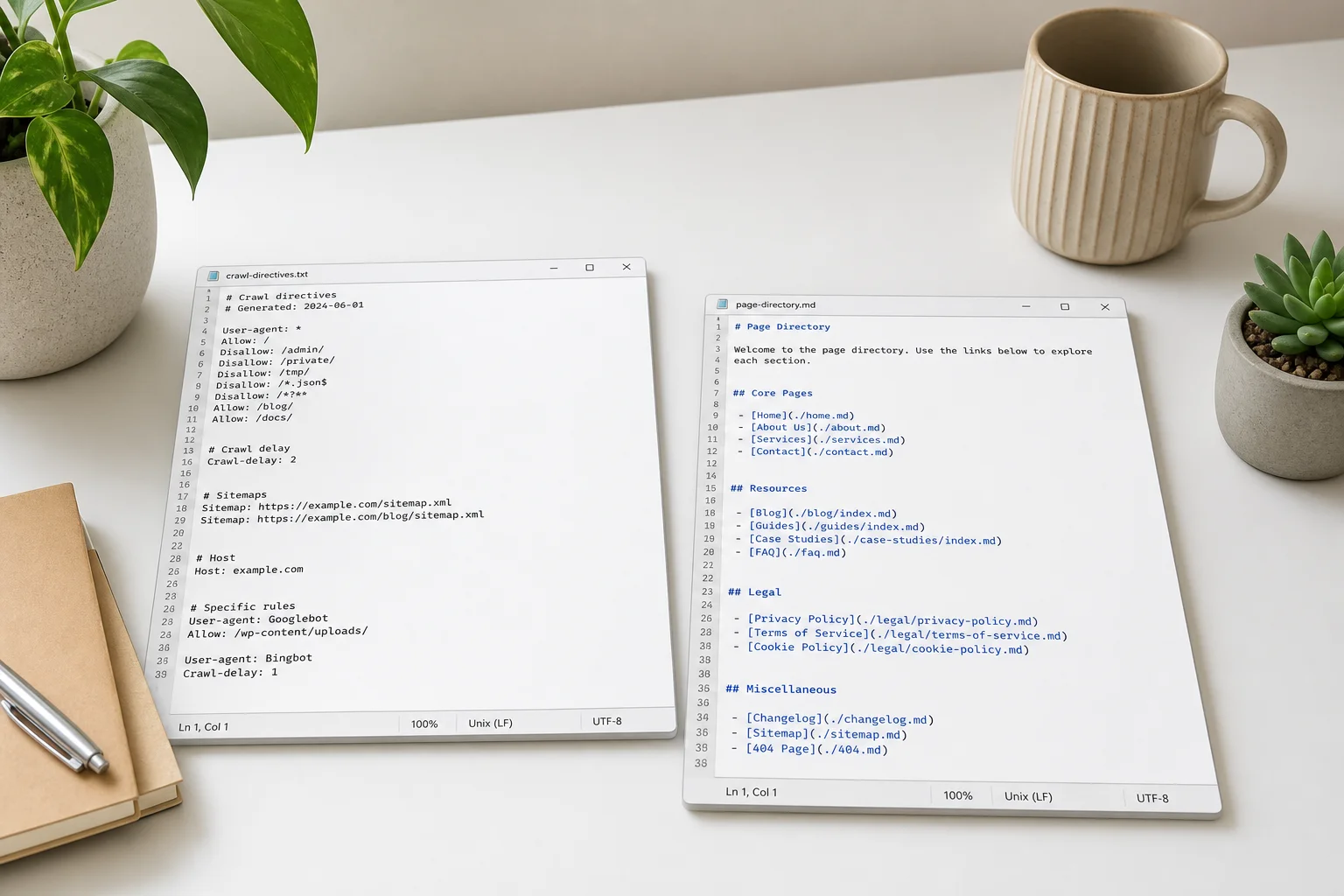 Comparison of robots.txt and llms.txt file formats for website visibility in search engines and AI tools