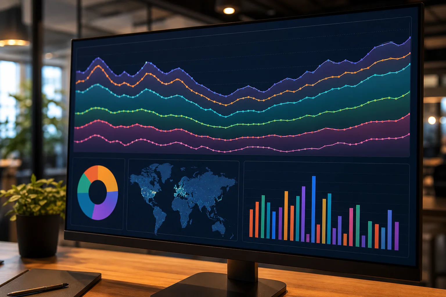 A photorealistic analytics dashboard on a monitor in a professional office showing organic search visibility data with a visible fluctuation across a two-week rollout period and recovery trend lines for high-authority domains