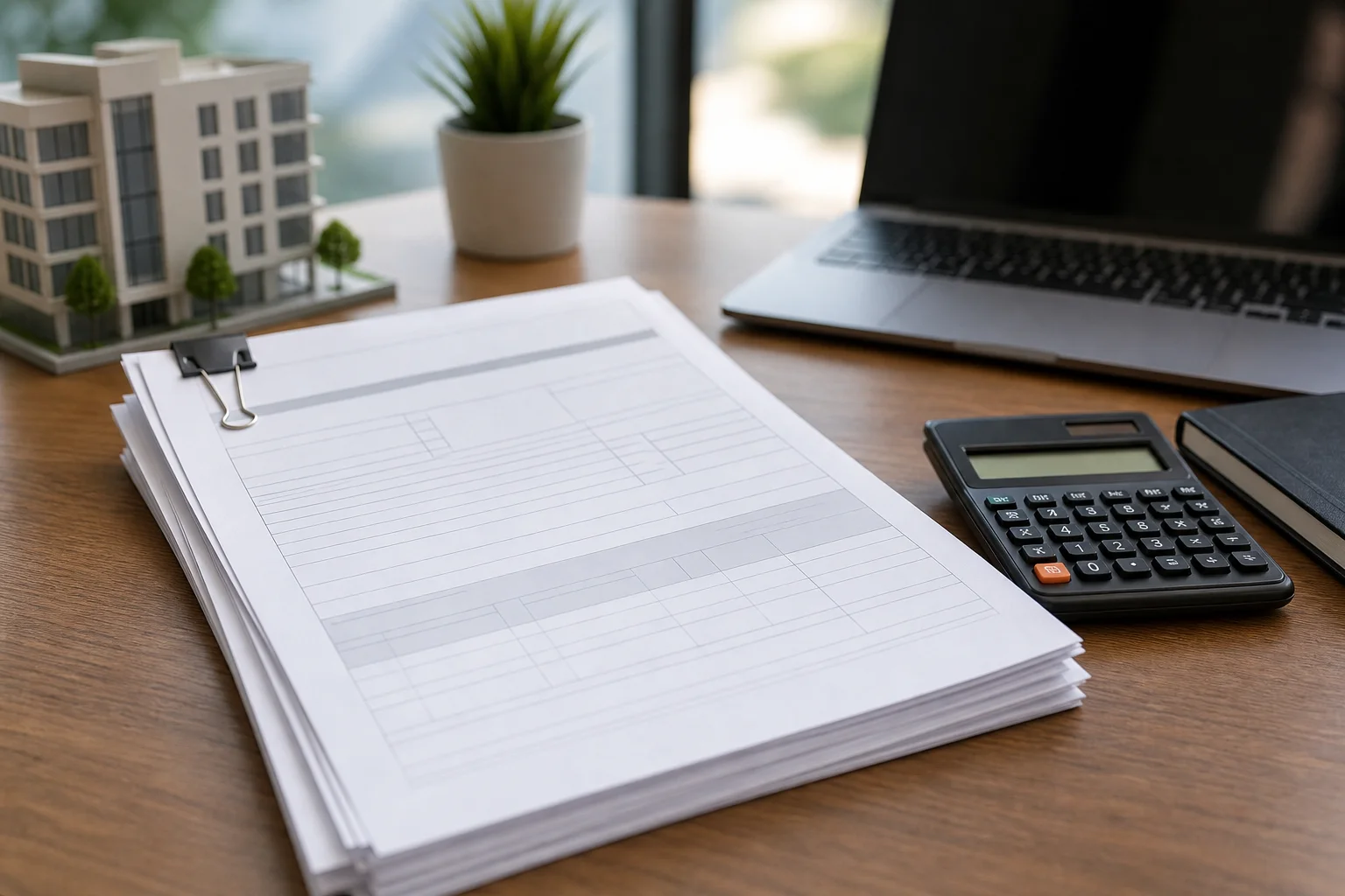 Commercial property tax bill and calculator on a Phoenix office desk