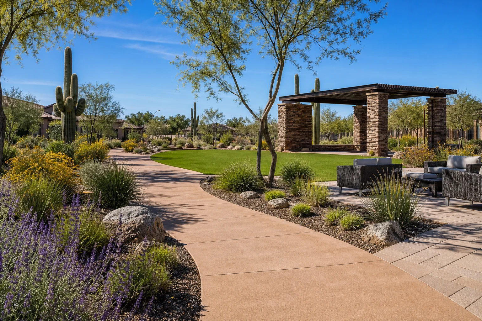 Professionally maintained HOA common area with desert-adapted landscaping, clean pathways, and lush plantings in an Arizona master-planned community