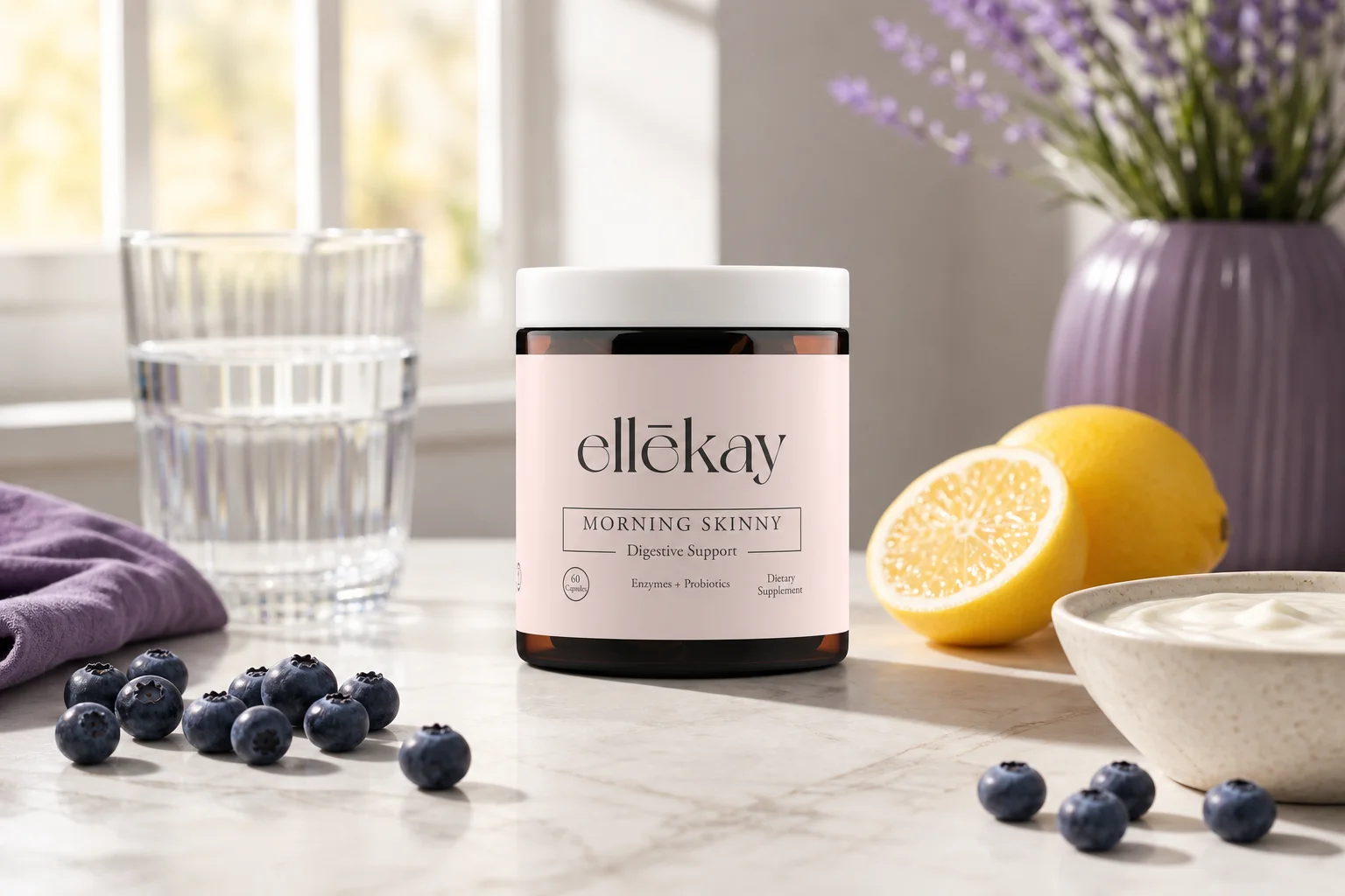 Ellekay Morning Skinny supplement on a morning kitchen counter representing menopause and gut health support