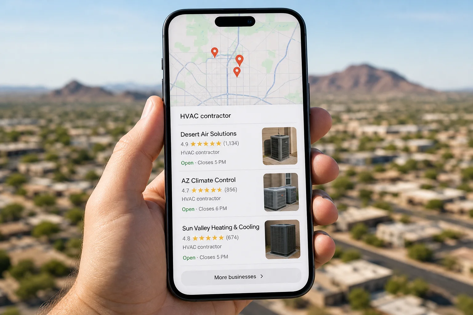 Mesa HVAC local search map pack comparison showing review velocity impact on rankings