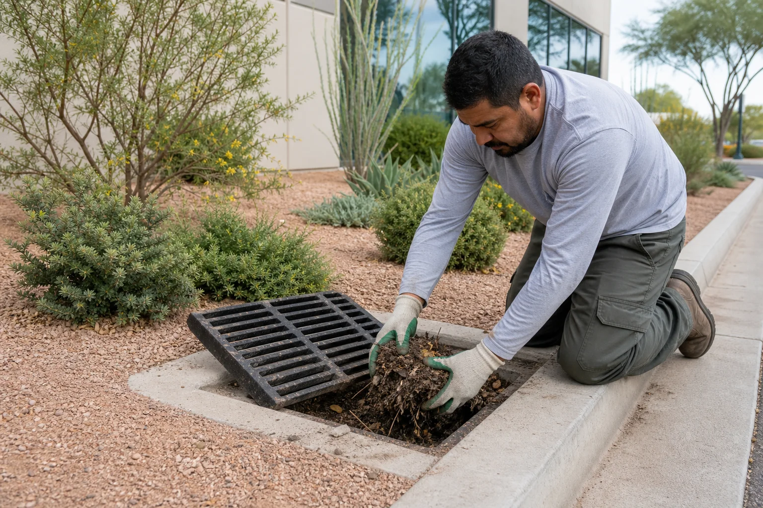 Landscaping technician clearing storm debris from a catch basin drain at an Arizona commercial property ahead of monsoon season